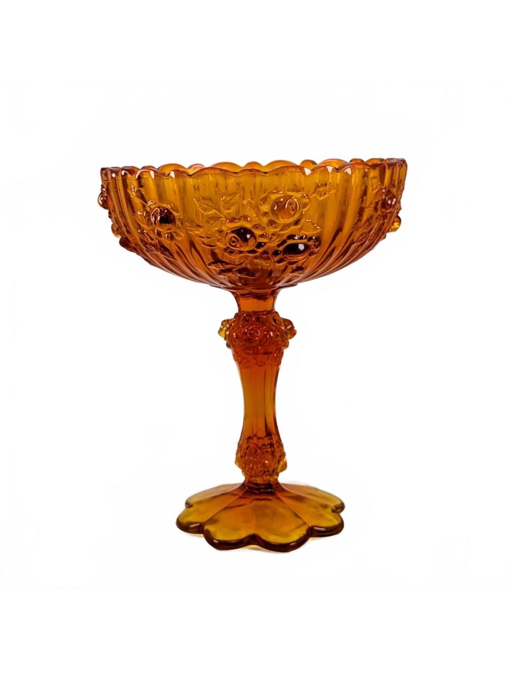 Vtg Fenton Amberina Cabbage Rose Pedestal Compote 7.5"